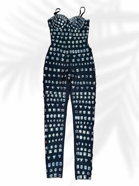 Mew Mews Black Strapless Embellished Jumpsuit with Gem Motif size Small
